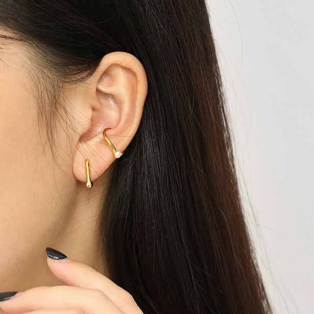 Lovcia Gold 3mm Pearl Hoop Earring 13mm Non Pierced Single-Earrings-Yellow Gold-Yellow Gold