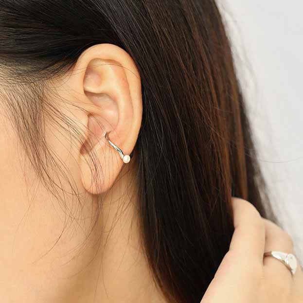 Lovcia Gold 3mm Pearl Hoop Earring 13mm Non Pierced Single-Earrings-Yellow Gold-Yellow Gold