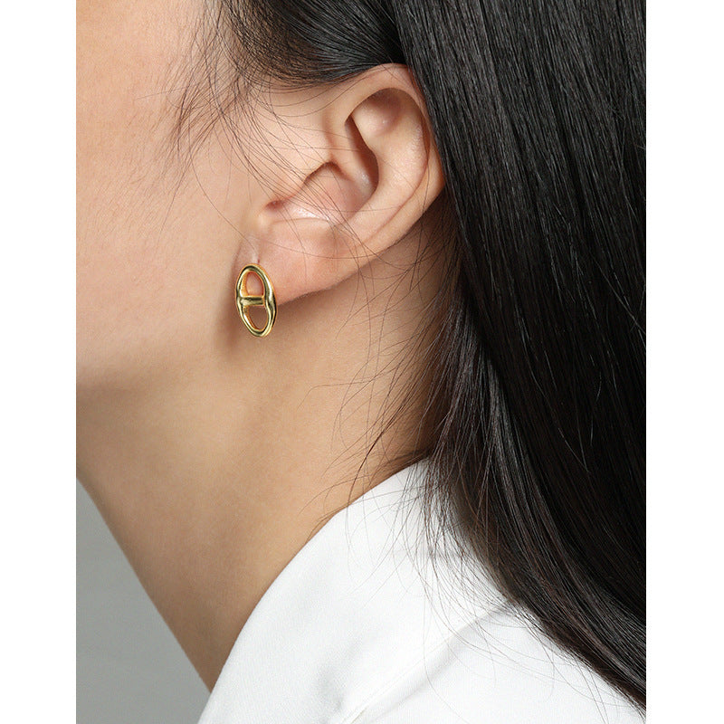 Lovcia Gold 925 Silver Pig Nose Stud Earrings 10.7mm-Earrings-Yellow Gold-Yellow Gold
