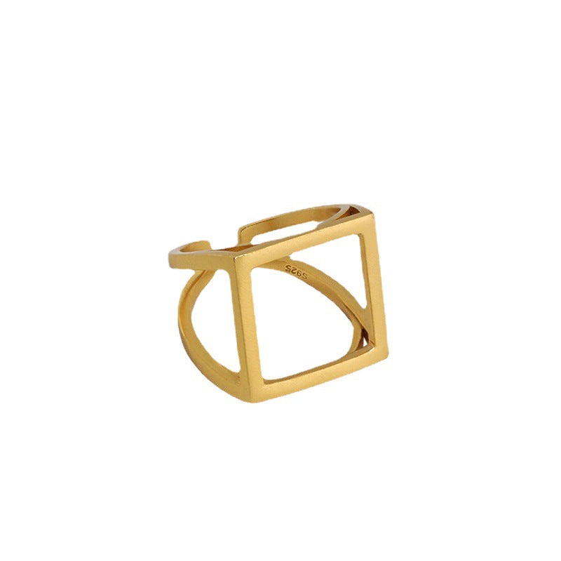 Lovcia Gold 925 Sterling Adjustable Hollow Square Ring-Rings-Yellow Gold-Yellow Gold
