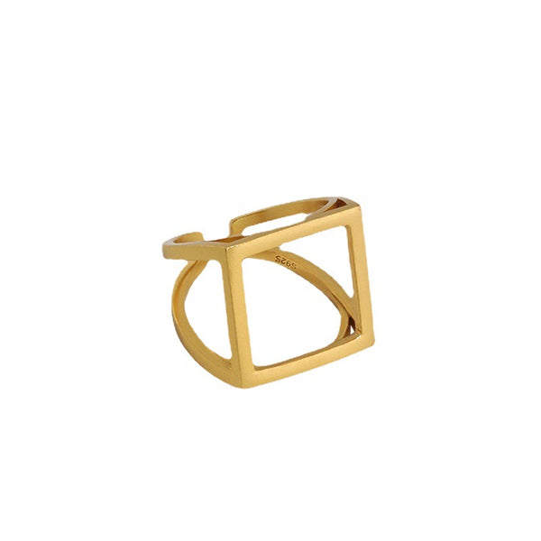 Lovcia Gold 925 Sterling Adjustable Hollow Square Ring-Rings-Yellow Gold-Yellow Gold