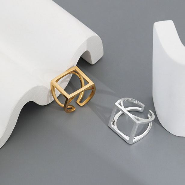 Lovcia Gold 925 Sterling Adjustable Hollow Square Ring-Rings-Yellow Gold-Yellow Gold