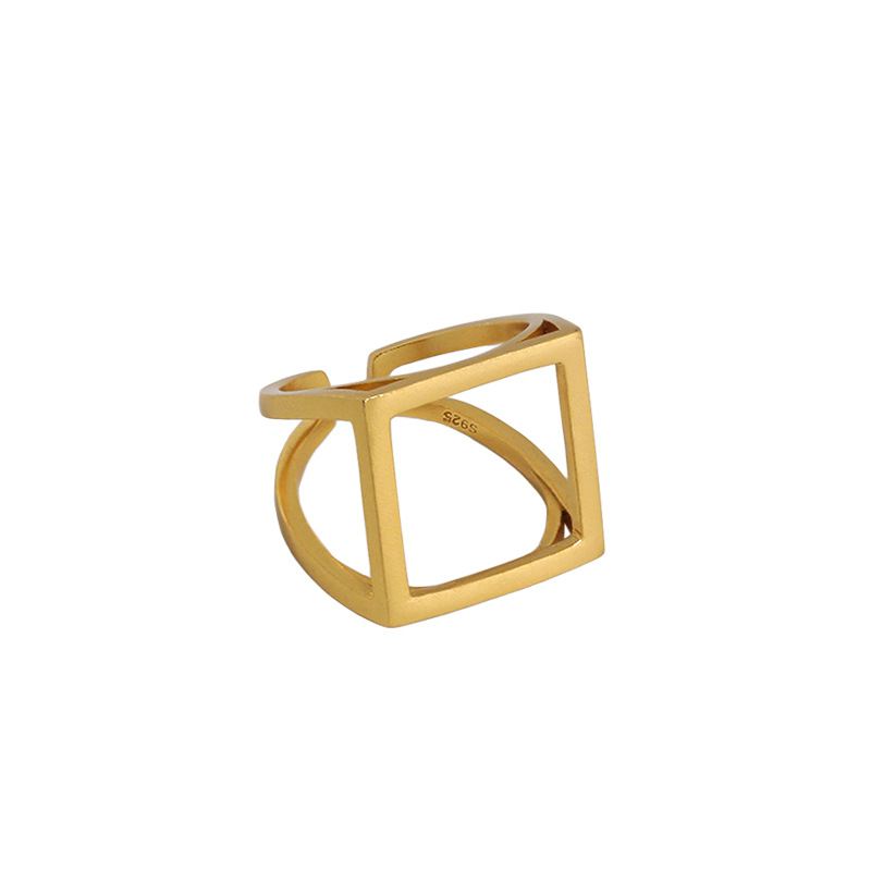 Lovcia Gold 925 Sterling Adjustable Hollow Square Ring-Rings-Yellow Gold-Yellow Gold