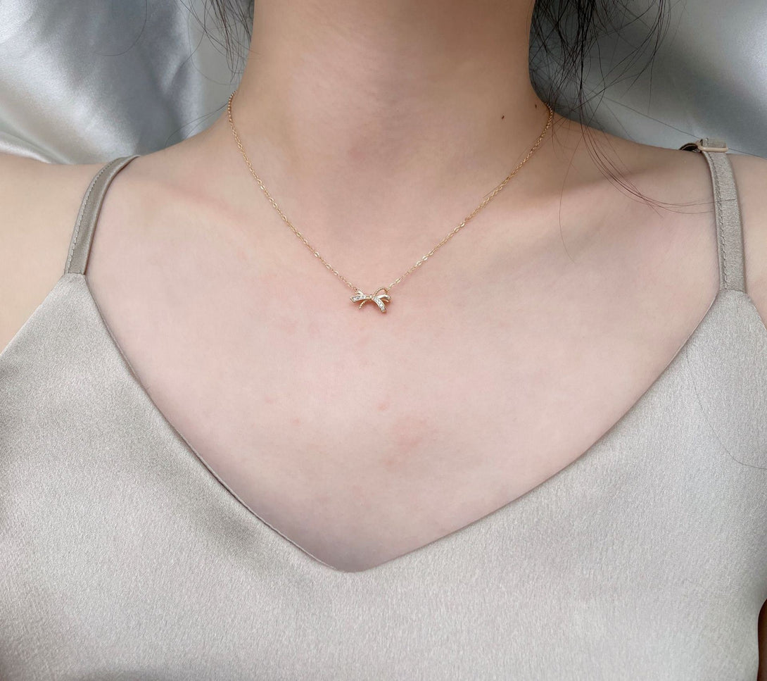 Lovcia Gold 925 Sterling Silver CZ Bowknot Necklace-Necklaces-