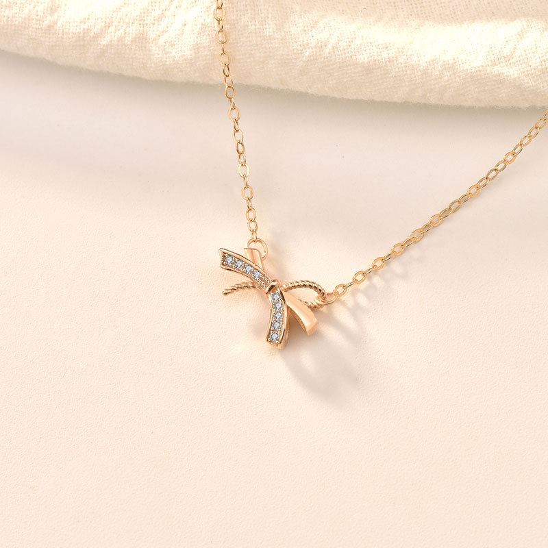 Lovcia Gold 925 Sterling Silver CZ Bowknot Necklace-Necklaces-