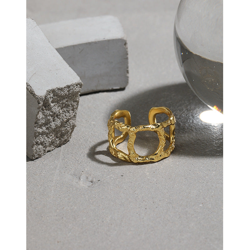 Lovcia Gold Adjustable Hollow Chain Ring 925 Sterling Silver-Rings-Yellow Gold-Yellow Gold