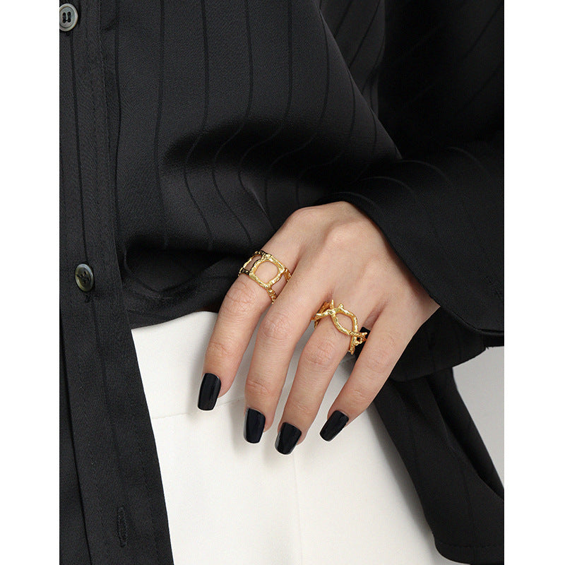 Lovcia Gold Adjustable Hollow Chain Ring 925 Sterling Silver-Rings-Yellow Gold-Yellow Gold