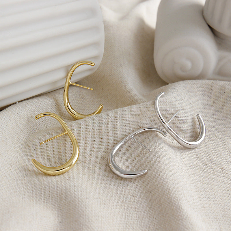 Lovcia Gold C Shape 925 Sterling Silver Stud Earrings-Earrings-Yellow Gold-Yellow Gold
