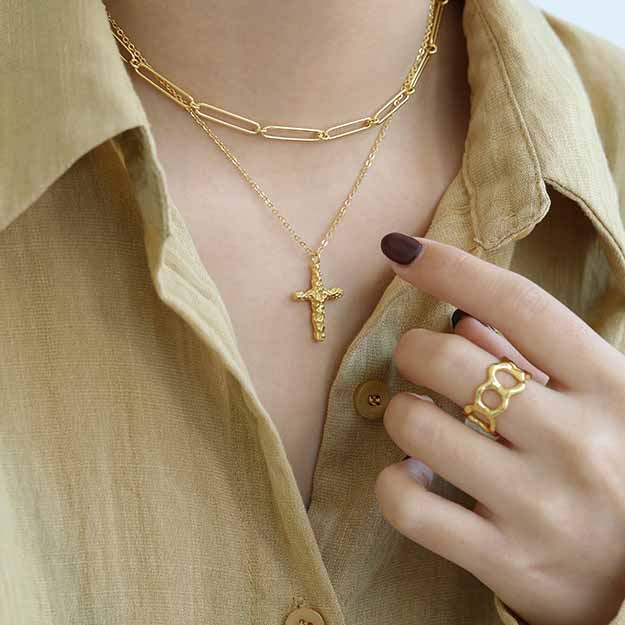 Lovcia Gold Cross Necklace 925 Sterling Silver Pendant-Necklaces-Yellow Gold-