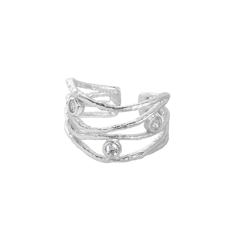 Lovcia Gold CZ Hollow Lines Wide Adjustable Ring 925 Silver-Rings-Silver-Silver