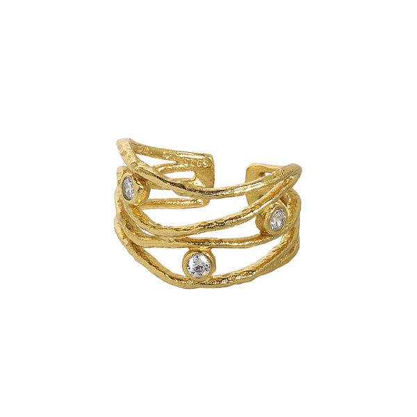 Lovcia Gold CZ Hollow Lines Wide Adjustable Ring 925 Silver-Rings-Yellow Gold-Yellow Gold