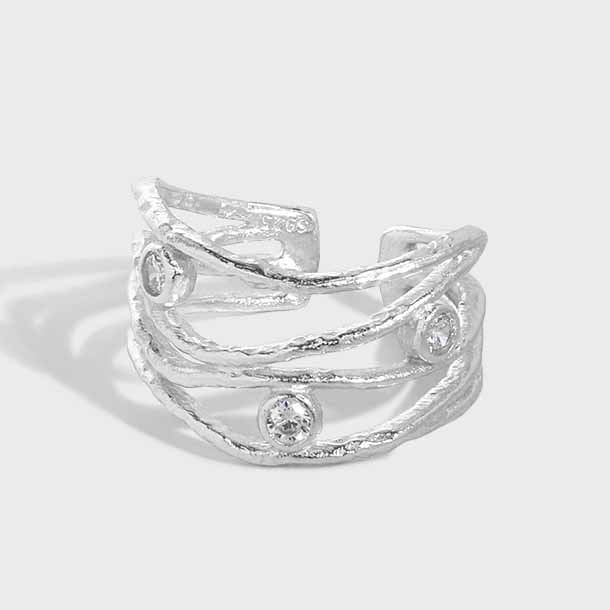Lovcia Gold CZ Hollow Lines Wide Adjustable Ring 925 Silver-Rings-Yellow Gold-Yellow Gold