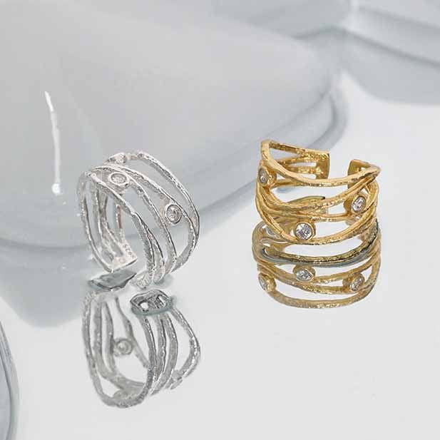 Lovcia Gold CZ Hollow Lines Wide Adjustable Ring 925 Silver-Rings-Yellow Gold-Yellow Gold