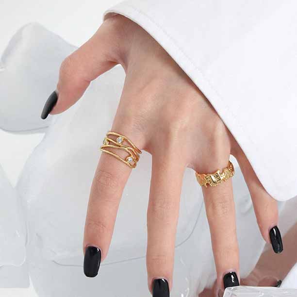 Lovcia Gold CZ Hollow Lines Wide Adjustable Ring 925 Silver-Rings-Yellow Gold-Yellow Gold
