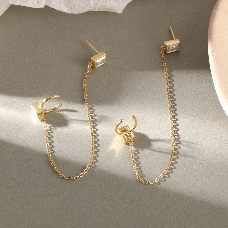 Lovcia Gold CZ Rectangle Chain Earrings 925 Silver Pair-Earrings-Yellow Gold-Yellow Gold