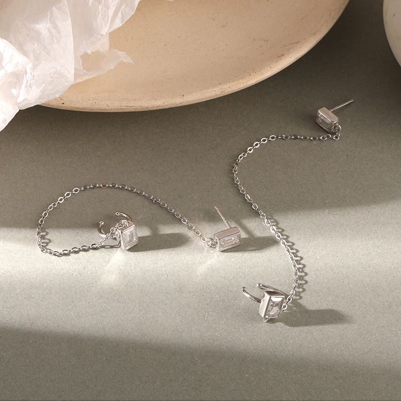 Lovcia Gold CZ Rectangle Chain Earrings 925 Silver Pair-Earrings-Yellow Gold-Yellow Gold