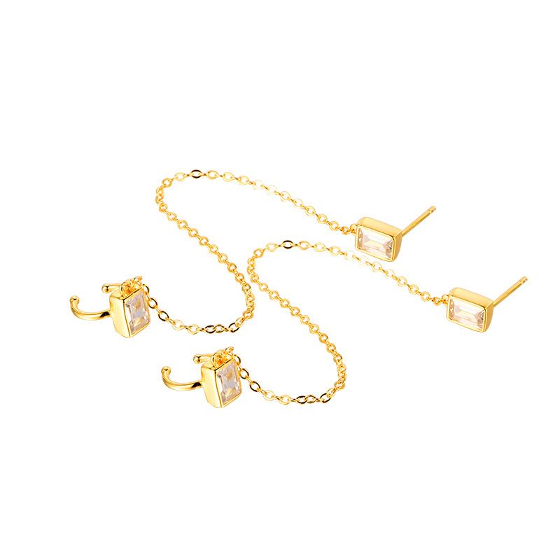 Lovcia Gold CZ Rectangle Chain Earrings 925 Silver Pair-Earrings-Yellow Gold-Yellow Gold