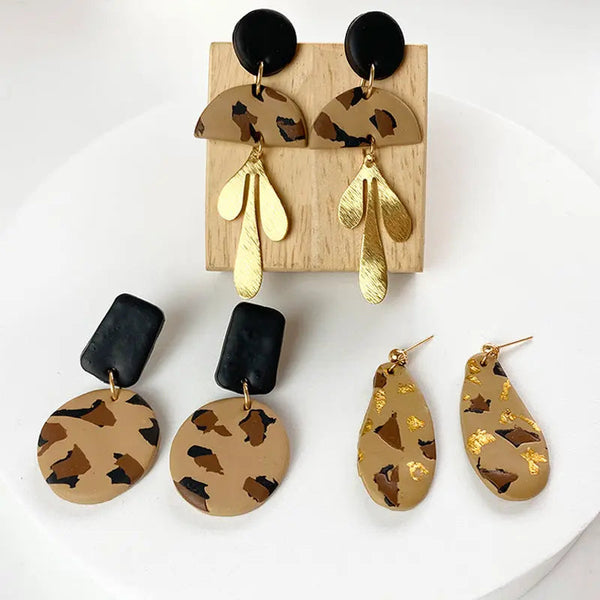 Lovcia Gold Foil Leopard Print Geometric Polymer Clay Earrings for Women-Earrings-A-A