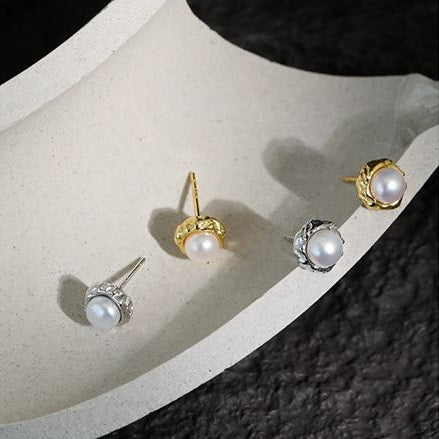 Lovcia Gold Freshwater Pearl Stud Earrings 7.5mm 925-Earrings-Yellow Gold-Yellow Gold