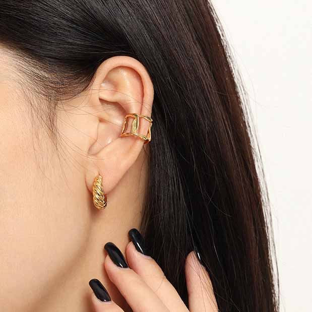 Lovcia Gold Geometric Hollow Non Pierced Earring 10mm-Earrings-Yellow Gold-Yellow Gold
