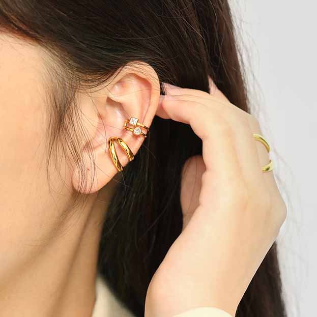 Lovcia Gold Geometry CZ Ear Cuff Double Layer 9.8mm Dia-Earrings-Yellow Gold-Yellow Gold