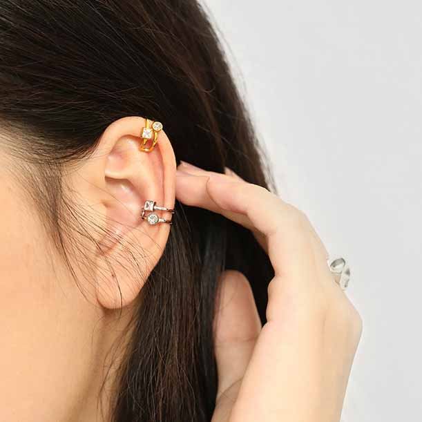Lovcia Gold Geometry CZ Ear Cuff Double Layer 9.8mm Dia-Earrings-Yellow Gold-Yellow Gold