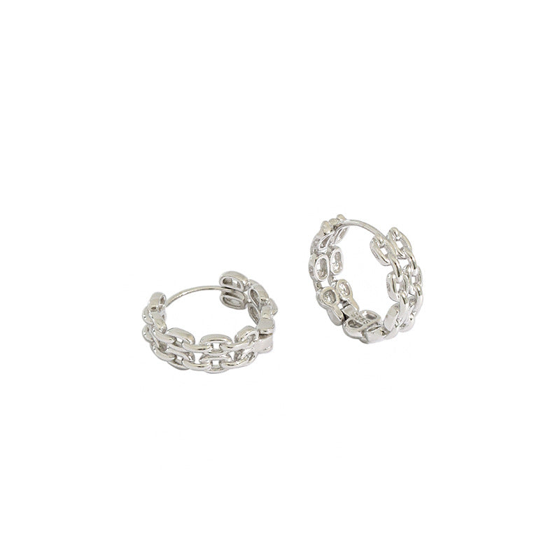 Lovcia Gold Geometry Double Layer Chain Huggie Hoops 19mm-Earrings-Rhodium & Large Size-Rhodium & Large Size
