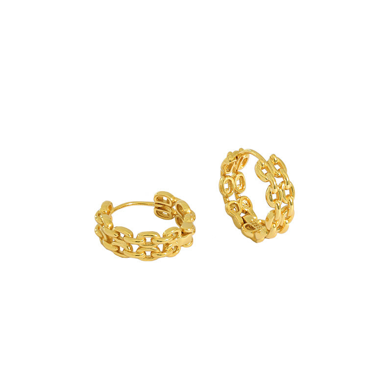 Lovcia Gold Geometry Double Layer Chain Huggie Hoops 19mm-Earrings-Yellow Gold & Large Size-Yellow Gold & Large Size