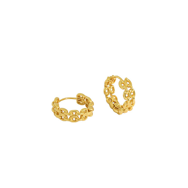Lovcia Gold Geometry Double Layer Chain Huggie Hoops 19mm-Earrings-Yellow Gold & Small Size-Yellow Gold & Small Size