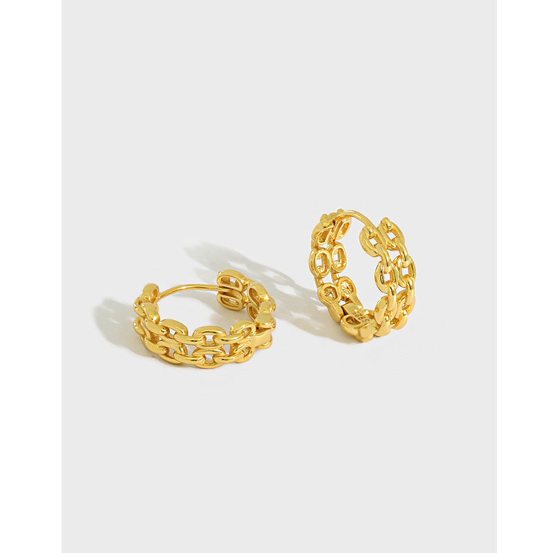 Lovcia Gold Geometry Double Layer Chain Huggie Hoops 19mm-Earrings-Yellow Gold & Small Size-Yellow Gold & Small Size