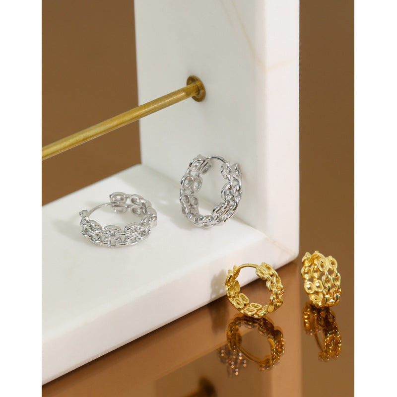 Lovcia Gold Geometry Double Layer Chain Huggie Hoops 19mm-Earrings-Yellow Gold & Small Size-Yellow Gold & Small Size