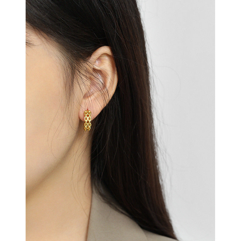 Lovcia Gold Geometry Double Layer Chain Huggie Hoops 19mm-Earrings-Yellow Gold & Small Size-Yellow Gold & Small Size