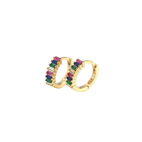 Lovcia Gold Geometry Rectangle CZ Hoop Earrings 7.5mm-Earrings-Yellow Gold & Colorful Cz-Yellow Gold & Colorful Cz