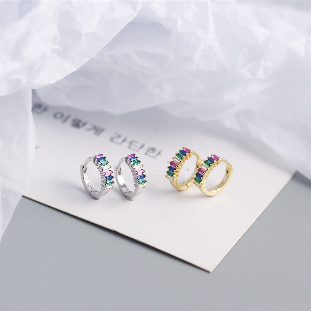 Lovcia Gold Geometry Rectangle CZ Hoop Earrings 7.5mm-Earrings-Yellow Gold & Colorful Cz-Yellow Gold & Colorful Cz