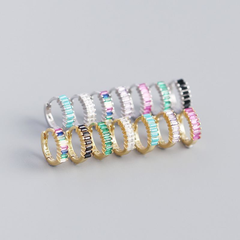Lovcia Gold Geometry Rectangle CZ Hoop Earrings 7.5mm-Earrings-Yellow Gold & Colorful Cz-Yellow Gold & Colorful Cz