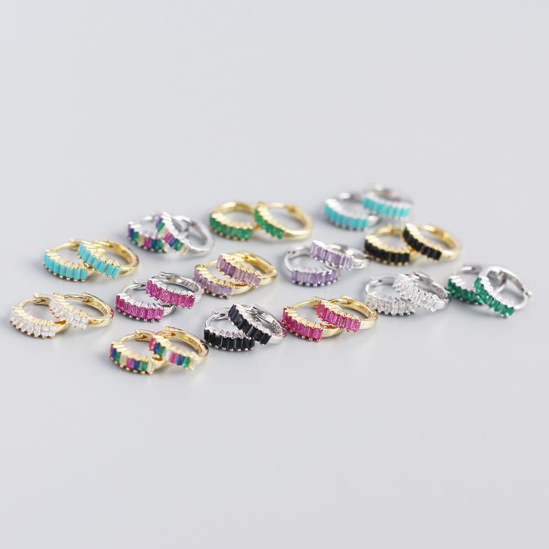 Lovcia Gold Geometry Rectangle CZ Hoop Earrings 7.5mm-Earrings-Yellow Gold & Colorful Cz-Yellow Gold & Colorful Cz