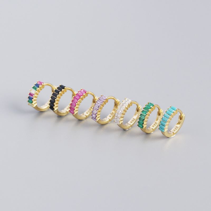 Lovcia Gold Geometry Rectangle CZ Hoop Earrings 7.5mm-Earrings-Yellow Gold & Colorful Cz-Yellow Gold & Colorful Cz