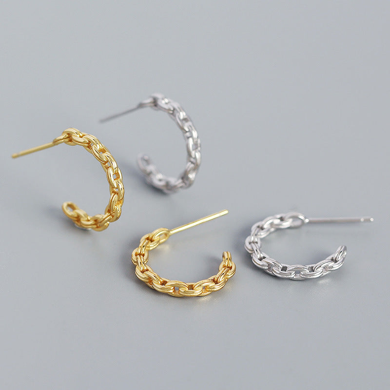 Lovcia Gold Hollow Chain C Shape Hoop Earrings 14mm Sterling-Earrings-Rhodium-Rhodium