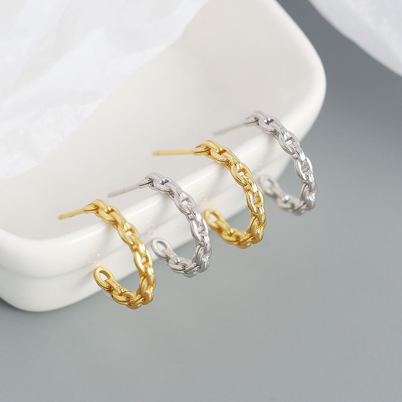 Lovcia Gold Hollow Chain C Shape Hoop Earrings 14mm Sterling-Earrings-Rhodium-Rhodium