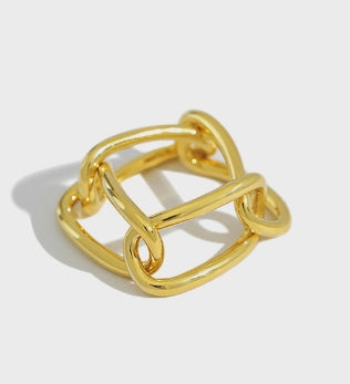 Lovcia Gold Hollow Paperclip Chain Ring Adjustable Size-Rings-Yellow Gold-US 7-Yellow Gold