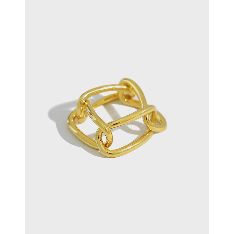 Lovcia Gold Hollow Paperclip Chain Ring Adjustable Size-Rings-Yellow Gold-US 7-Yellow Gold