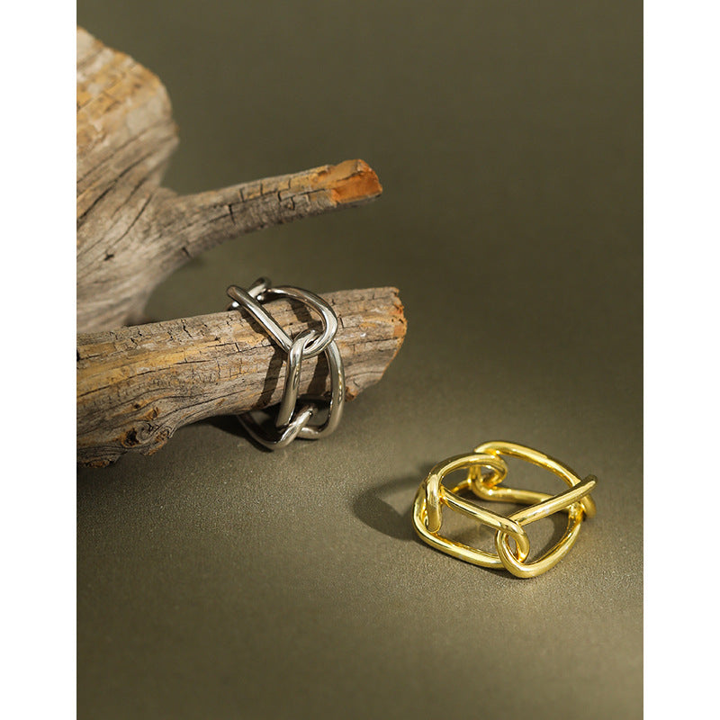Lovcia Gold Hollow Paperclip Chain Ring Adjustable Size-Rings-Yellow Gold-US 7-Yellow Gold