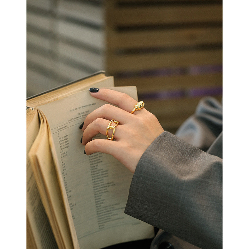 Lovcia Gold Hollow Paperclip Chain Ring Adjustable Size-Rings-Yellow Gold-US 7-Yellow Gold