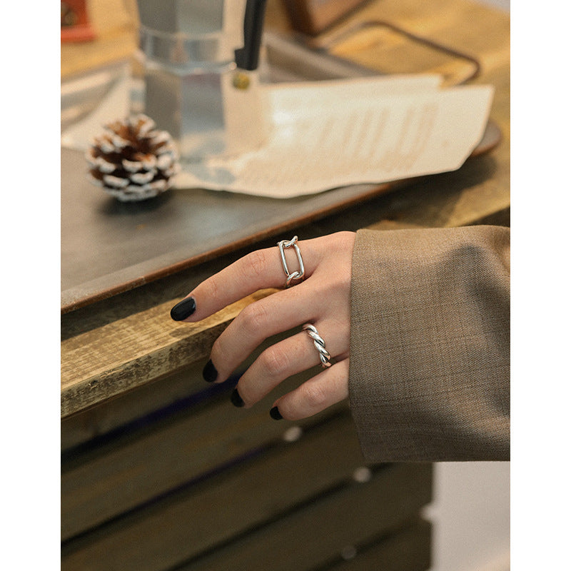 Lovcia Gold Hollow Paperclip Chain Ring Adjustable Size-Rings-Yellow Gold-US 7-Yellow Gold