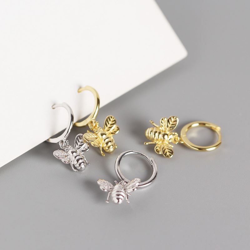 Lovcia Gold Honey Bee Hoop Earrings 925 Silver 21mm-Earrings-Yellow Gold-Yellow Gold