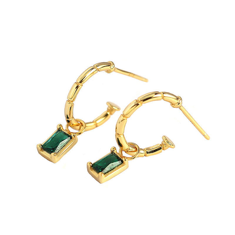 Lovcia Gold Hoop Earrings Green CZ Rectangle 22mm 10mm-Earrings-Yellow Gold-Yellow Gold