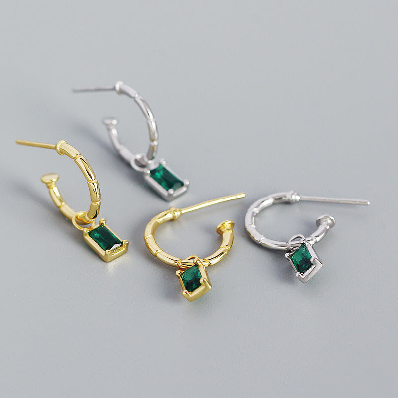 Lovcia Gold Hoop Earrings Green CZ Rectangle 22mm 10mm-Earrings-Yellow Gold-Yellow Gold
