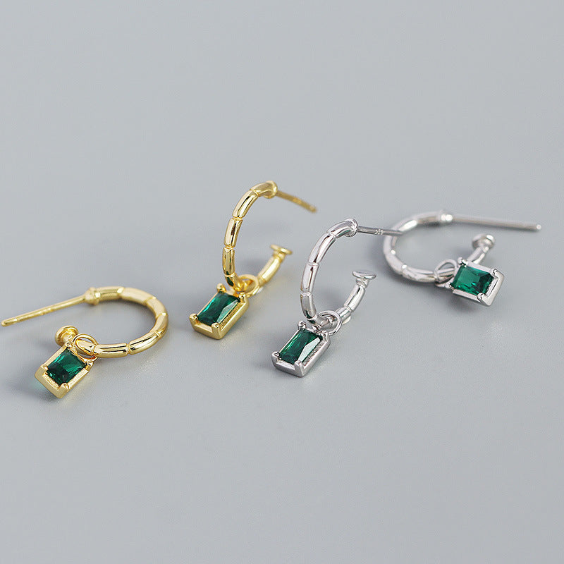 Lovcia Gold Hoop Earrings Green CZ Rectangle 22mm 10mm-Earrings-Yellow Gold-Yellow Gold