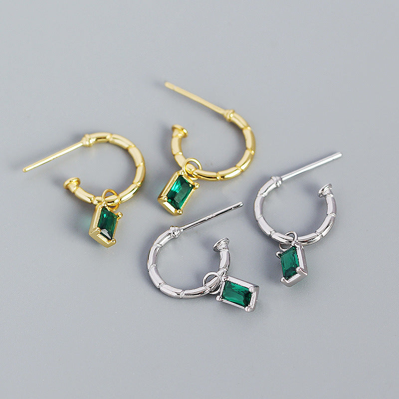 Lovcia Gold Hoop Earrings Green CZ Rectangle 22mm 10mm-Earrings-Yellow Gold-Yellow Gold