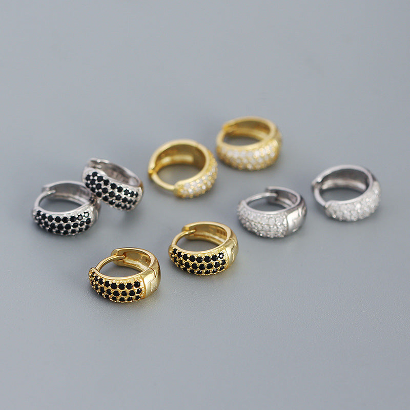 Lovcia Gold Huggie Hoop Earrings 11.2mm CZ 925 Silver-Earrings-SIlver & Black CZ-SIlver & Black CZ